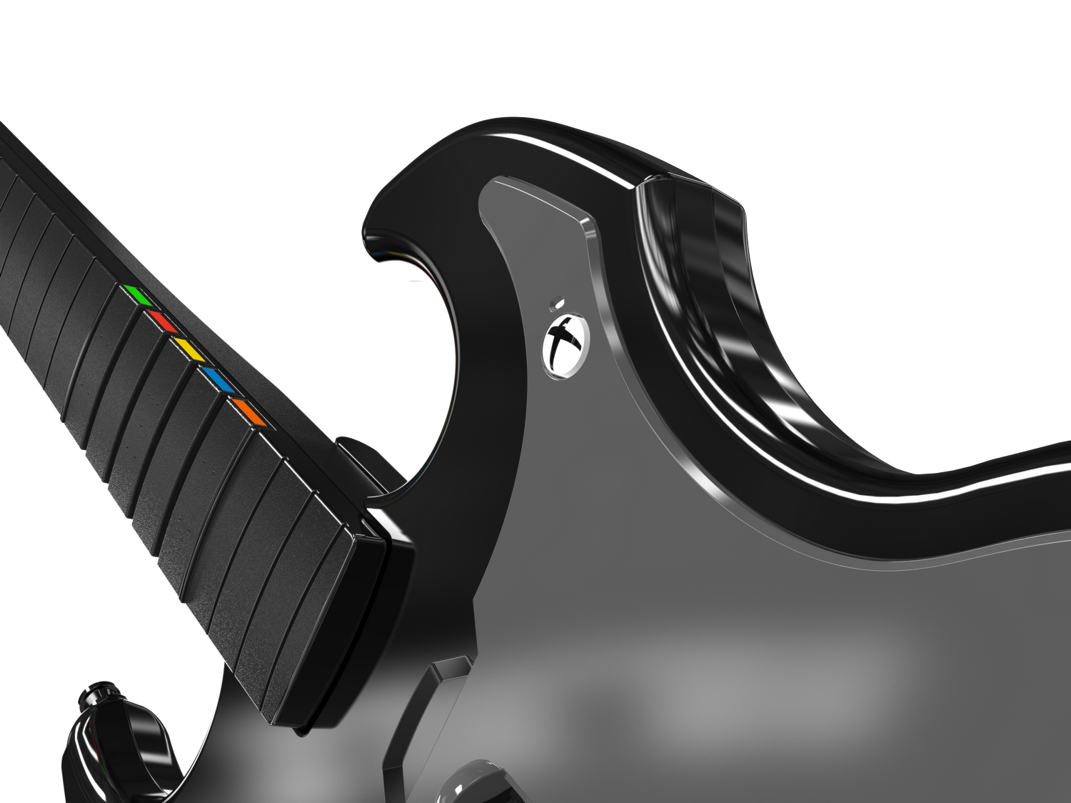 Primer plano de un mástil de guitarra negro con botones de colores y un logo de Xbox.