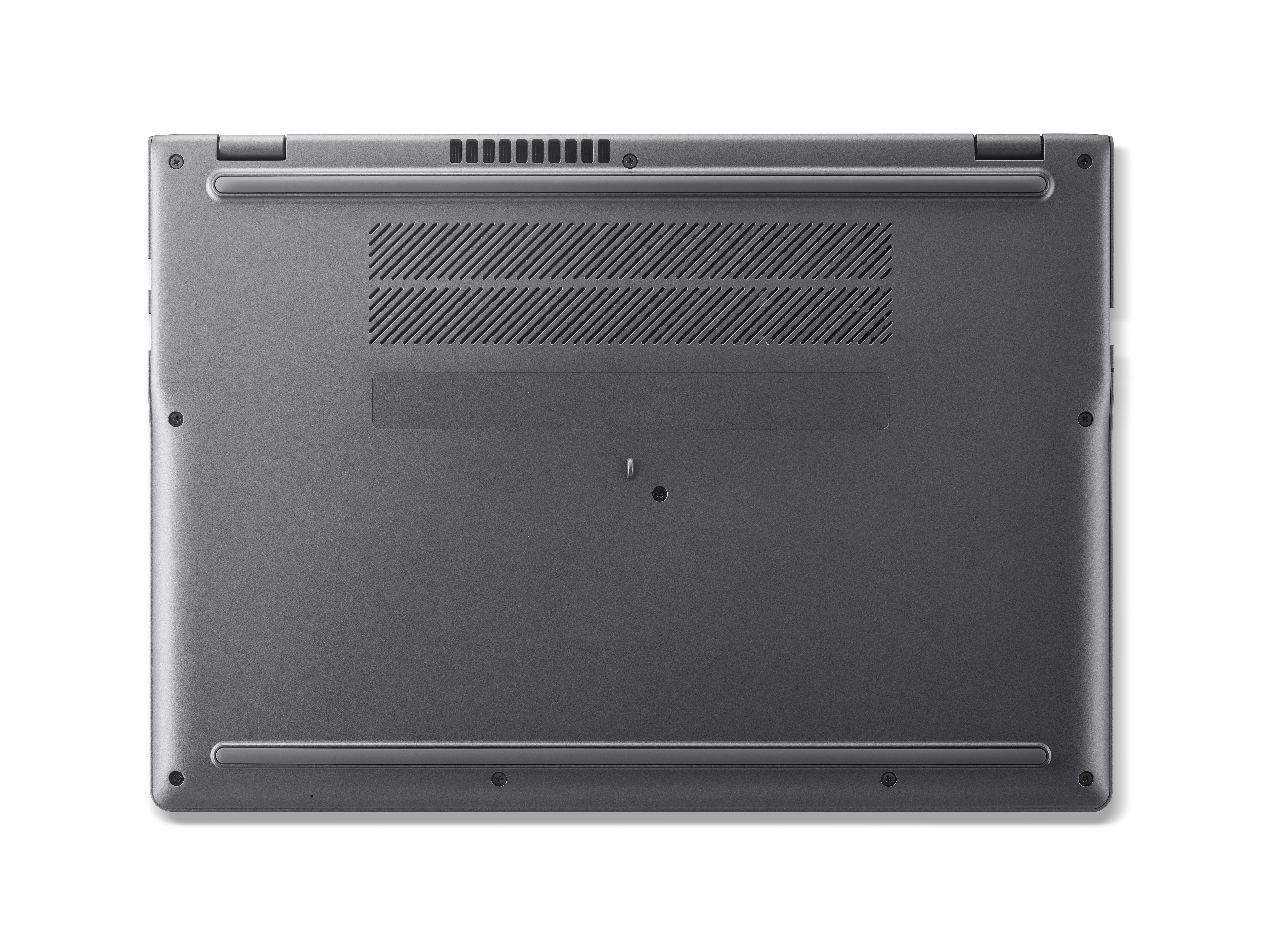 Unterseite eines grauen Laptops mit Lüftungsschlitzen und Schrauben.
