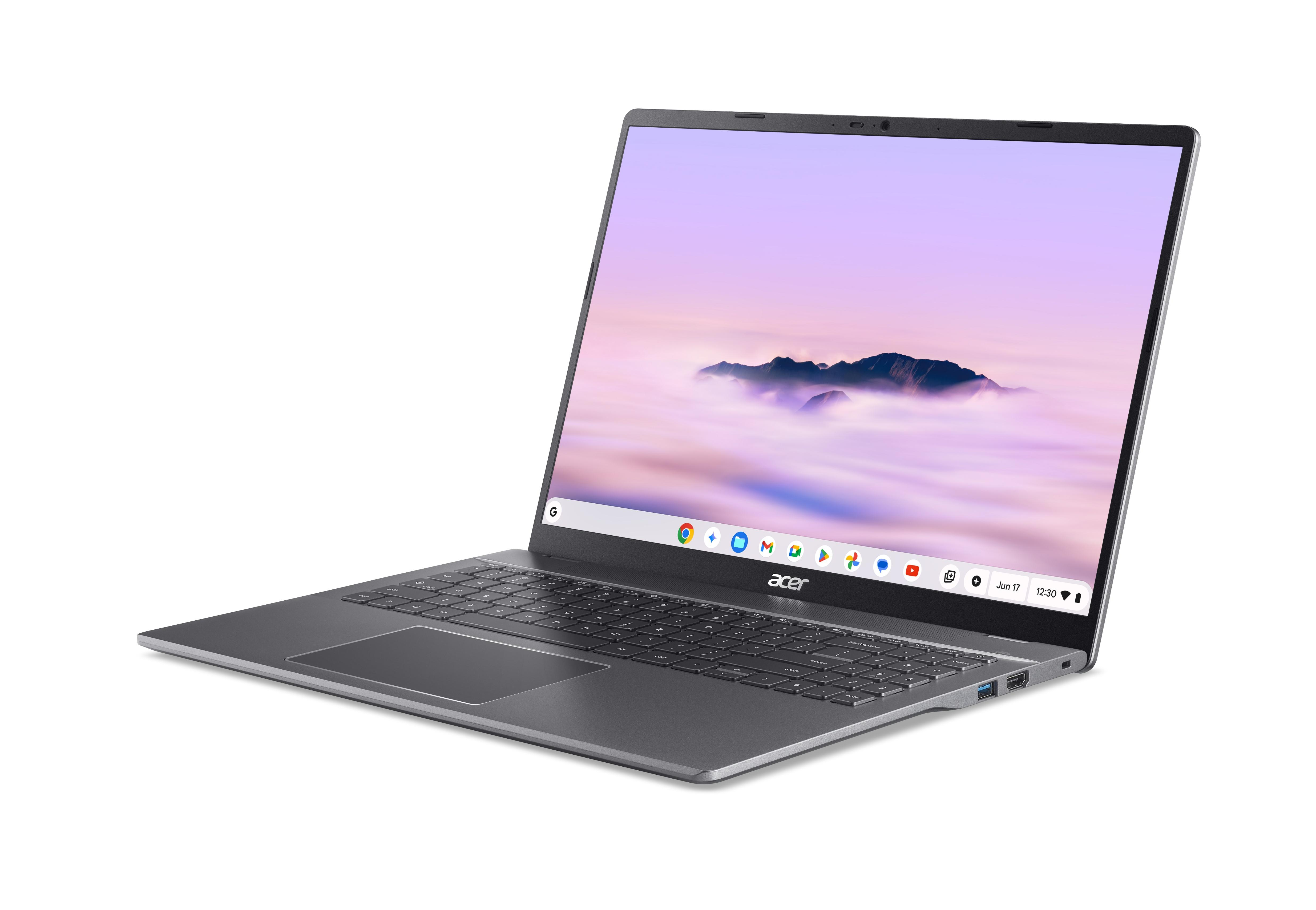 Ein graues Acer-Chromebook mit einer Berglandschaft als Hintergrundbild.