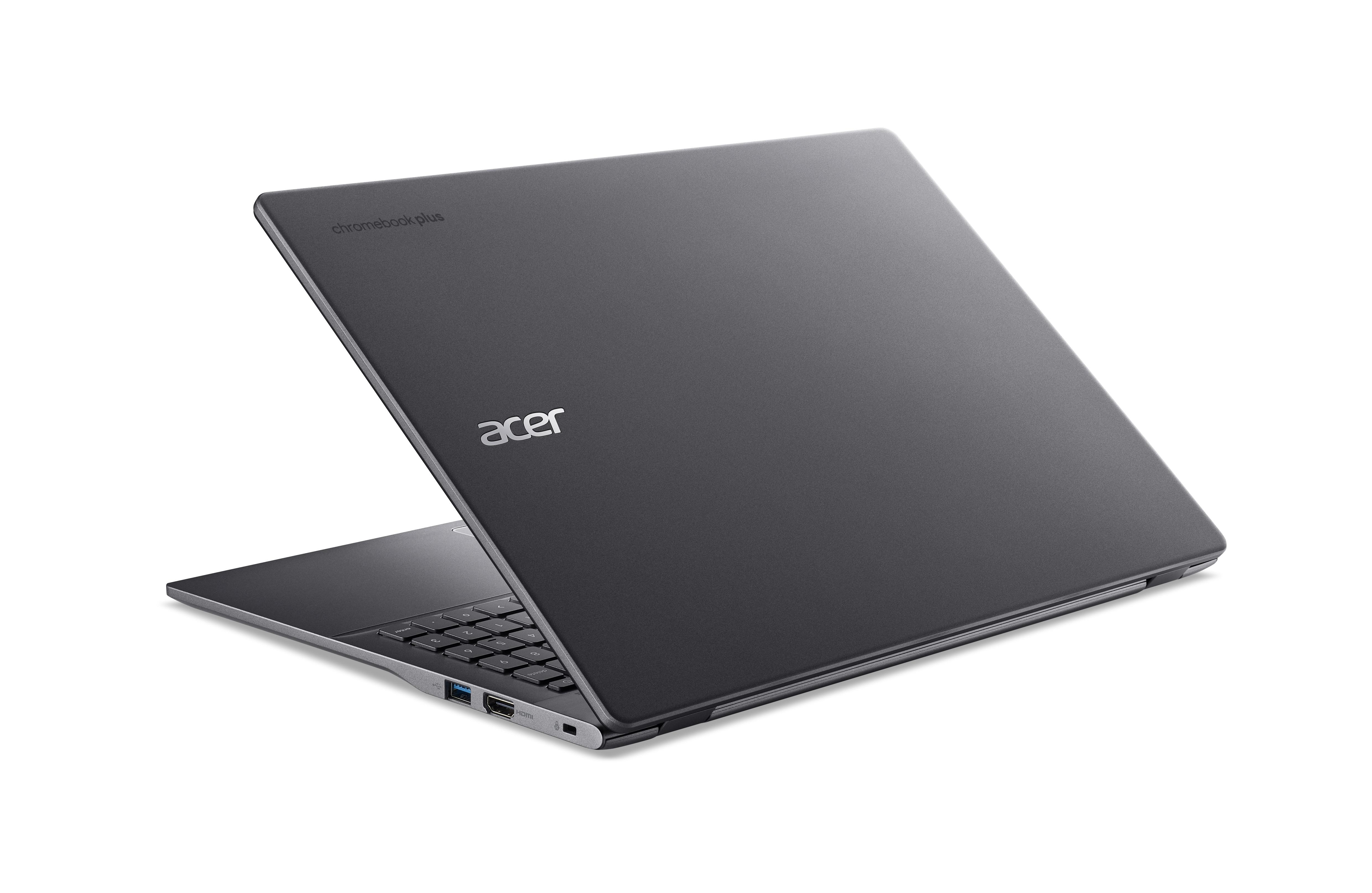 Ein geschlossener, dunkler Acer Chromebook Plus Laptop mit Tastatur und Anschlüssen.