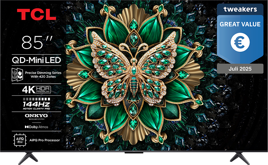 TV TCL 85" QD-Mini LED avec design papillon, 4K HDR, 144Hz, Dolby Atmos.
