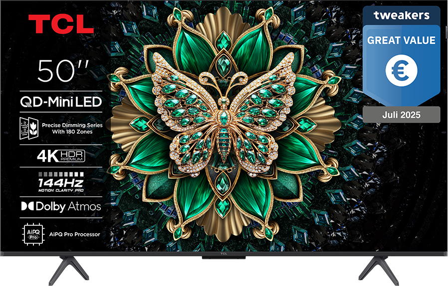 50-inch TCL QD-Mini LED TV with butterfly design and tech specs.