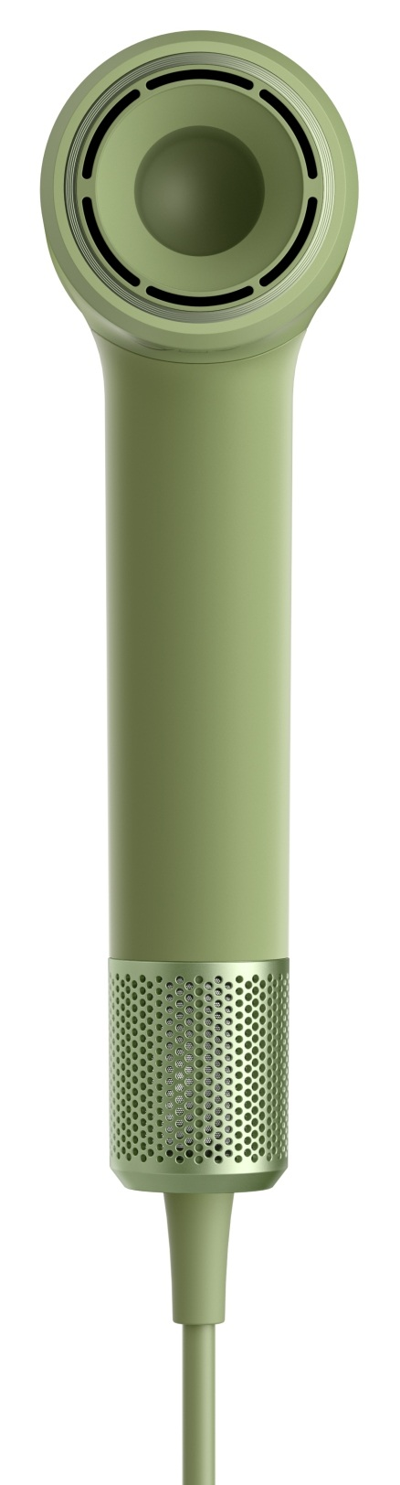 Zielona suszarka do włosów z okrągłym dyfuzorem i perforowaną kratką.