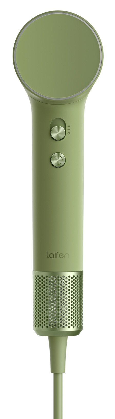 Zielona suszarka do włosów ze srebrnymi przyciskami i perforowanym wlotem powietrza.