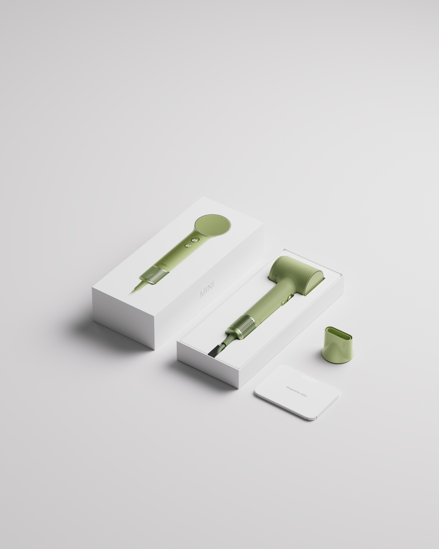Zielona suszarka do włosów i akcesoria w białych pudełkach na szarym tle.