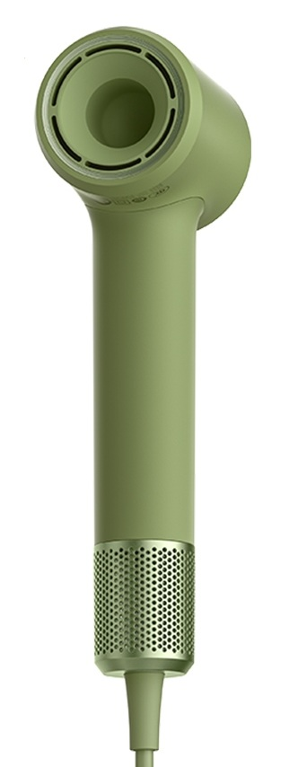 Zielona suszarka do włosów ze srebrną kratką wentylacyjną u nasady.