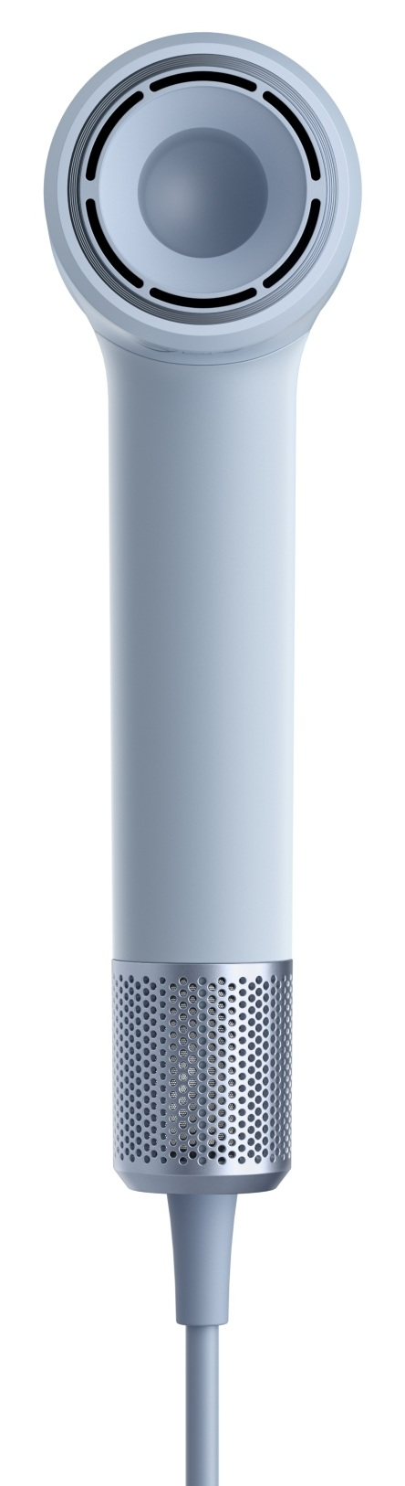 Jasnoniebieskie urządzenie z głośnikiem na górze i perforowanym pierścieniem na dole.