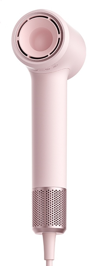 Różowa suszarka do włosów ze srebrną kratką na dole.