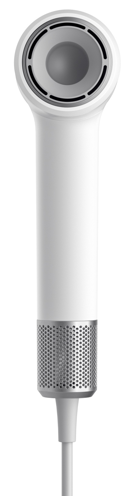 Biały i srebrny głośnik z perforowanym wzorem i kablem.