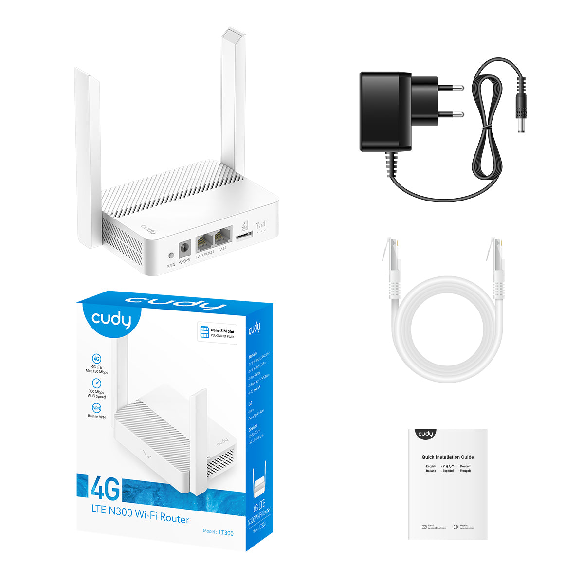 Biały router Wi-Fi 4G LTE z antenami, zasilaczem, kablem LAN i instrukcją.
