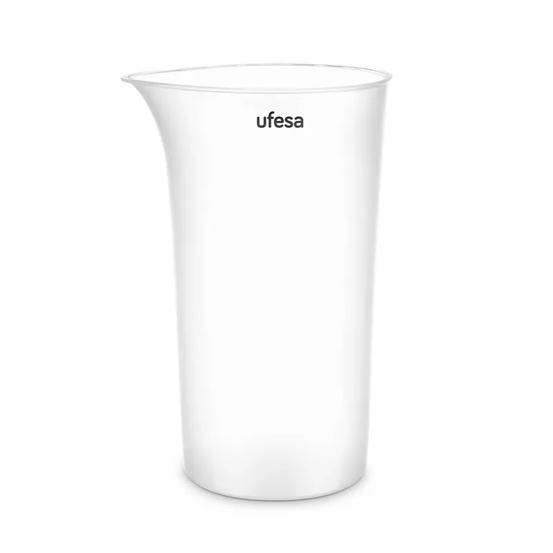 Átlátszó mérőedény kiöntővel és Ufesa logóval.