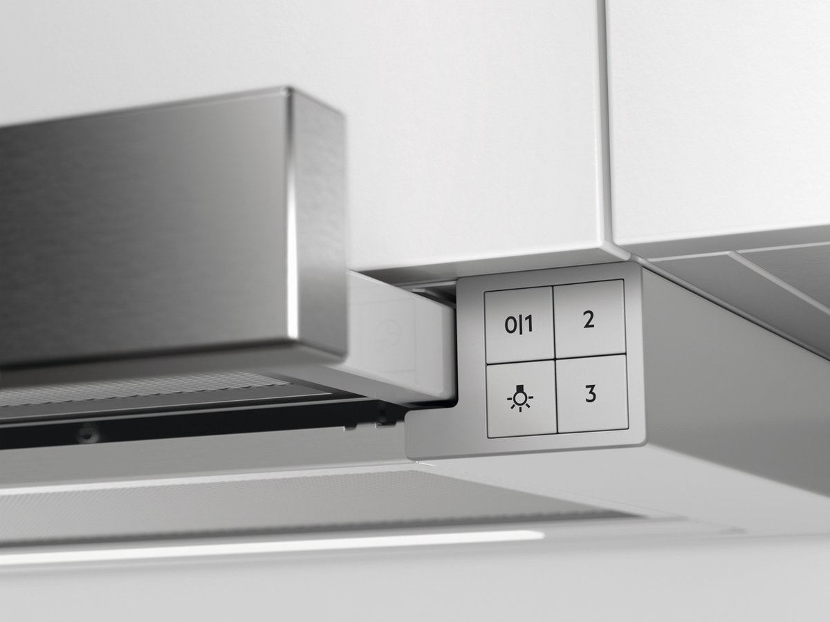 Stainless steel range hood with controls: 0/1, 2, light symbol, 3.