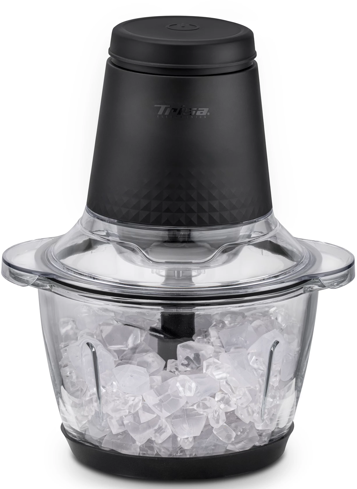 Ein schwarzer elektrischer Eiszerkleinerer mit transparentem Glasbehälter, gefüllt mit Eiswürfeln.