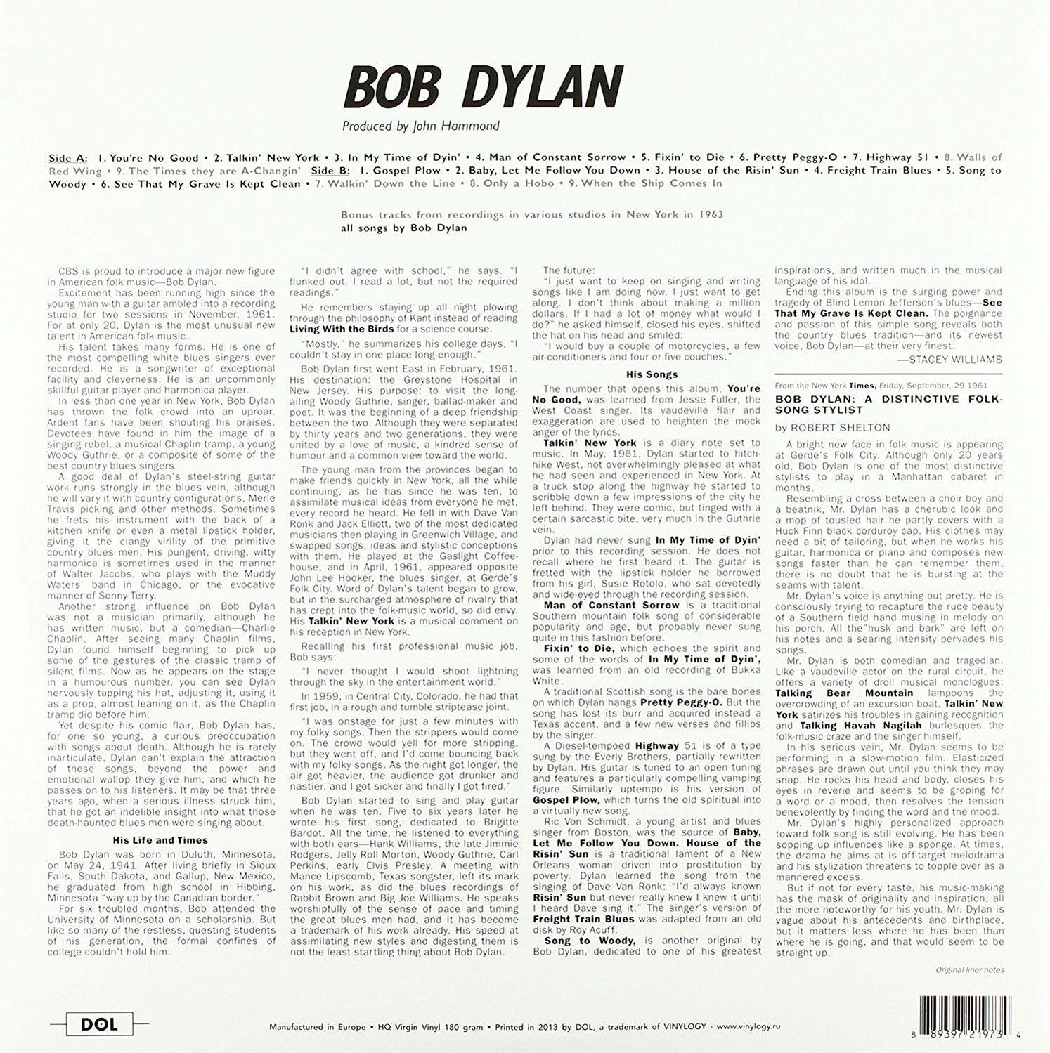 Bob Dylan Album-Cover mit Songliste und Texten. Schwarz-weißer Druck.