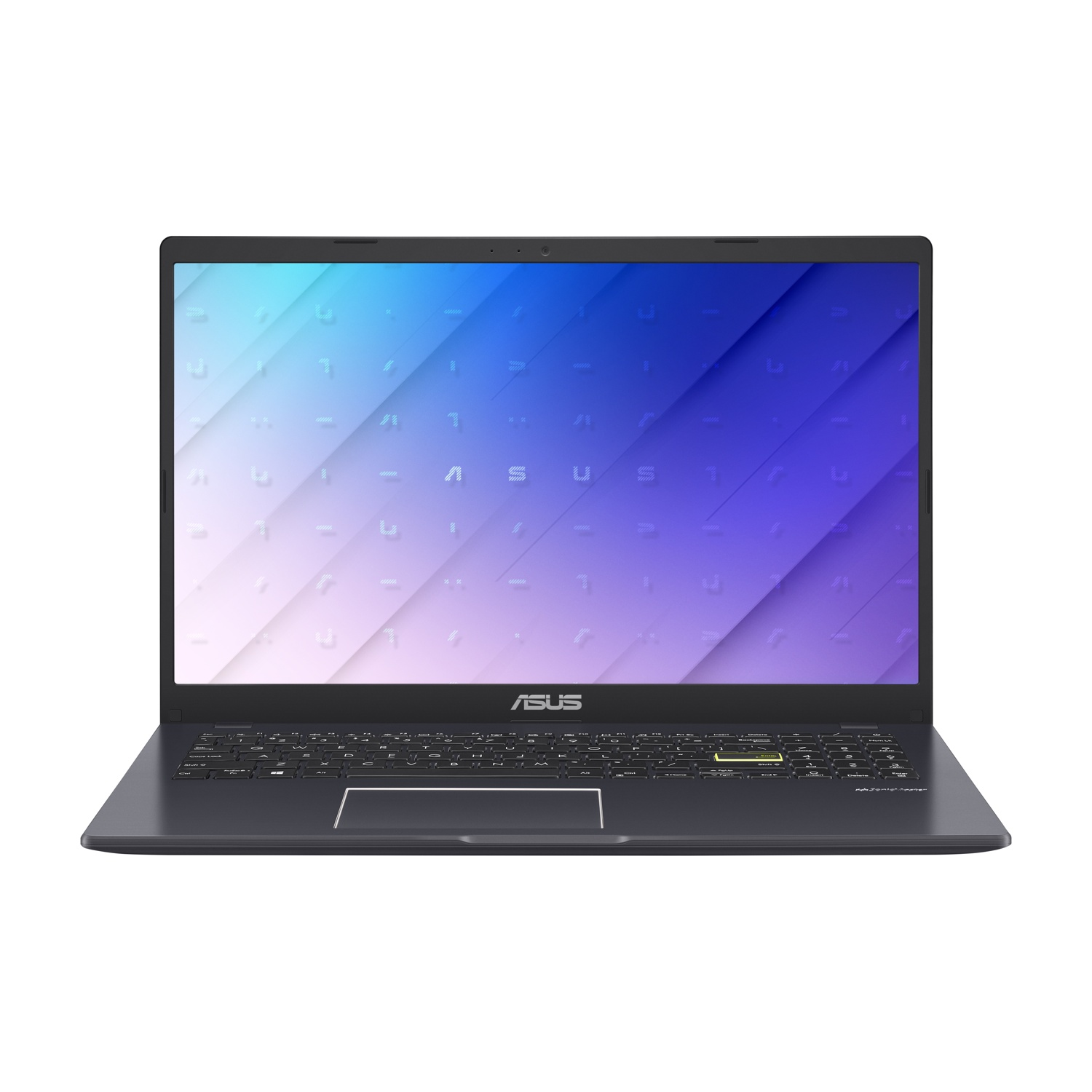 Un laptop Asus aperto e scuro mostra uno sfondo colorato sullo schermo.