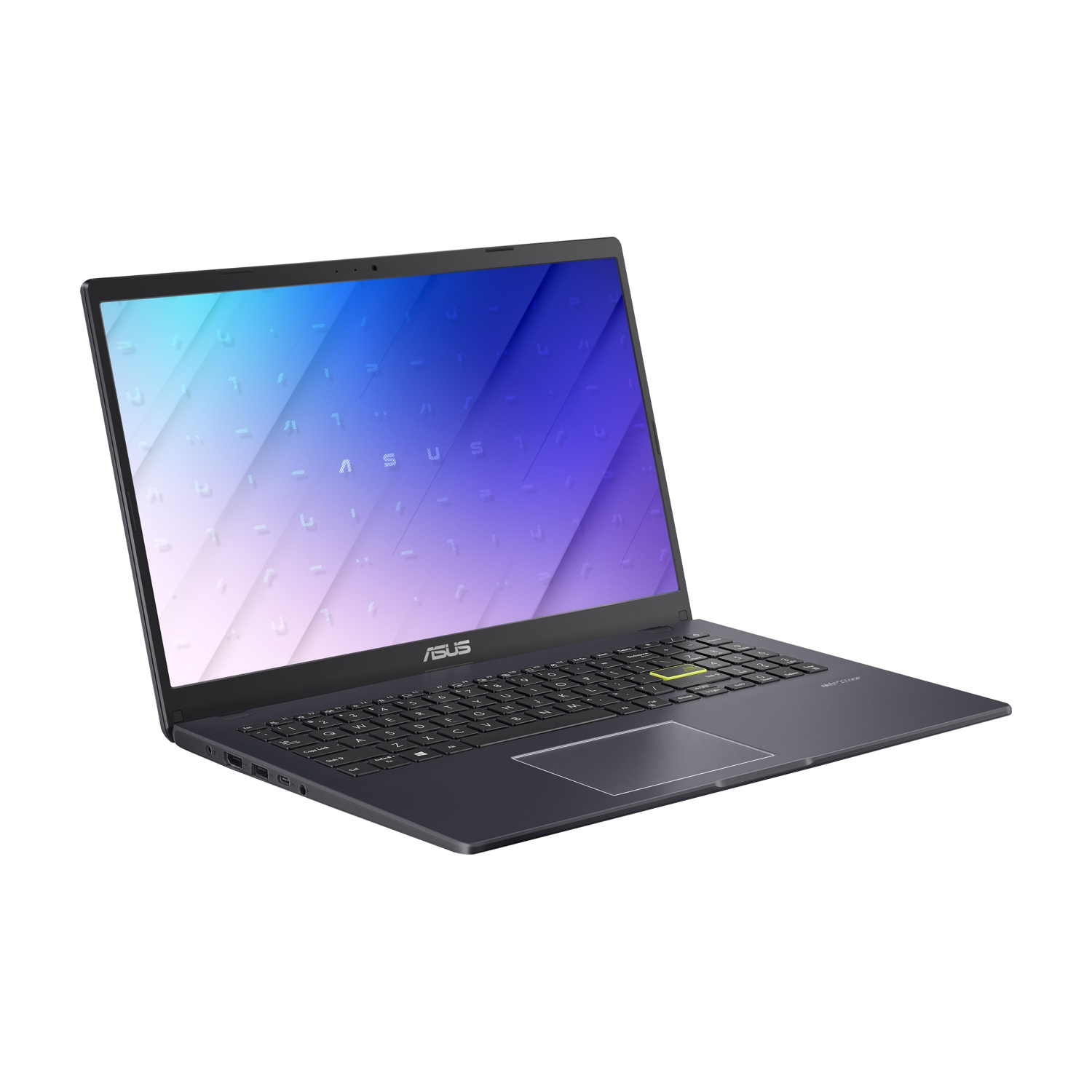 Un laptop ASUS scuro con tastiera illuminata e display blu-viola.
