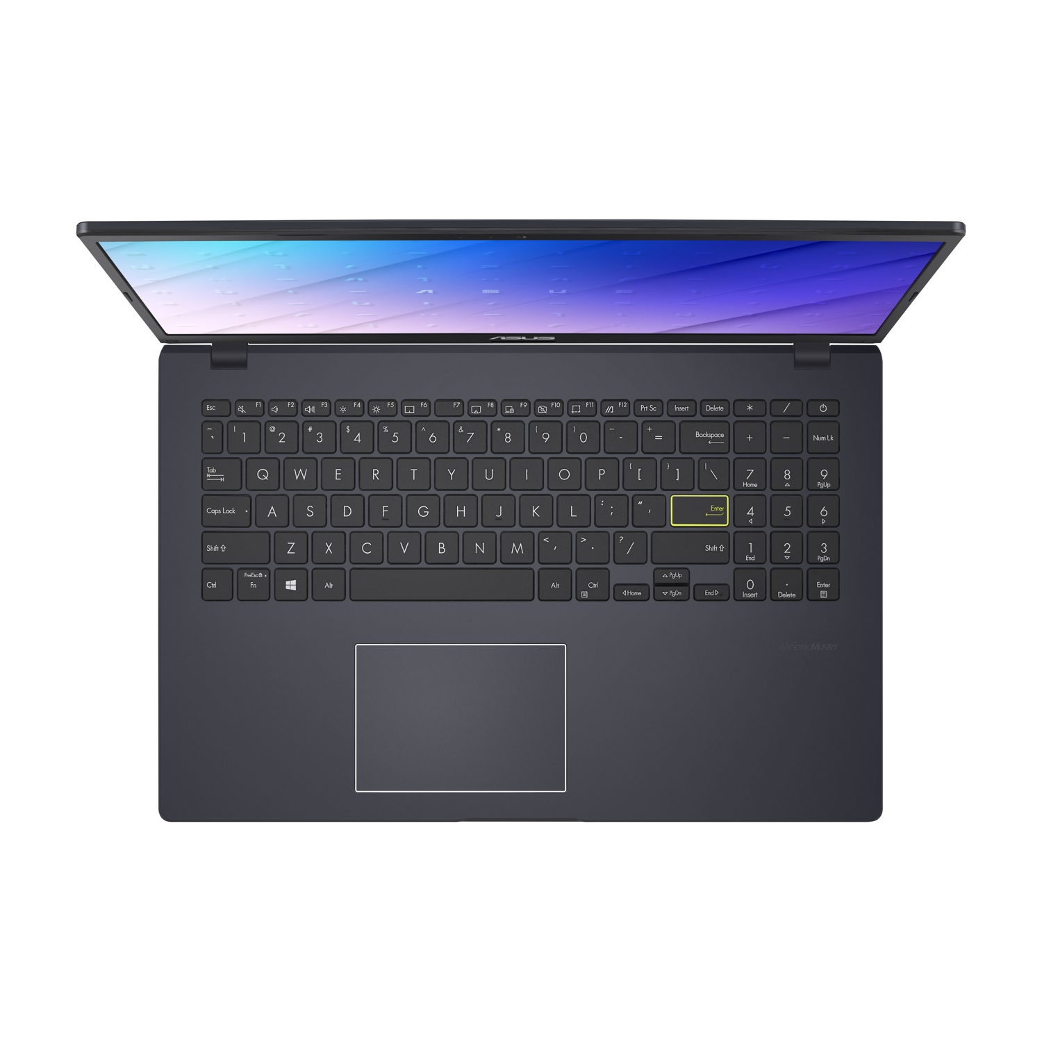 Un laptop scuro aperto con display blu e viola.