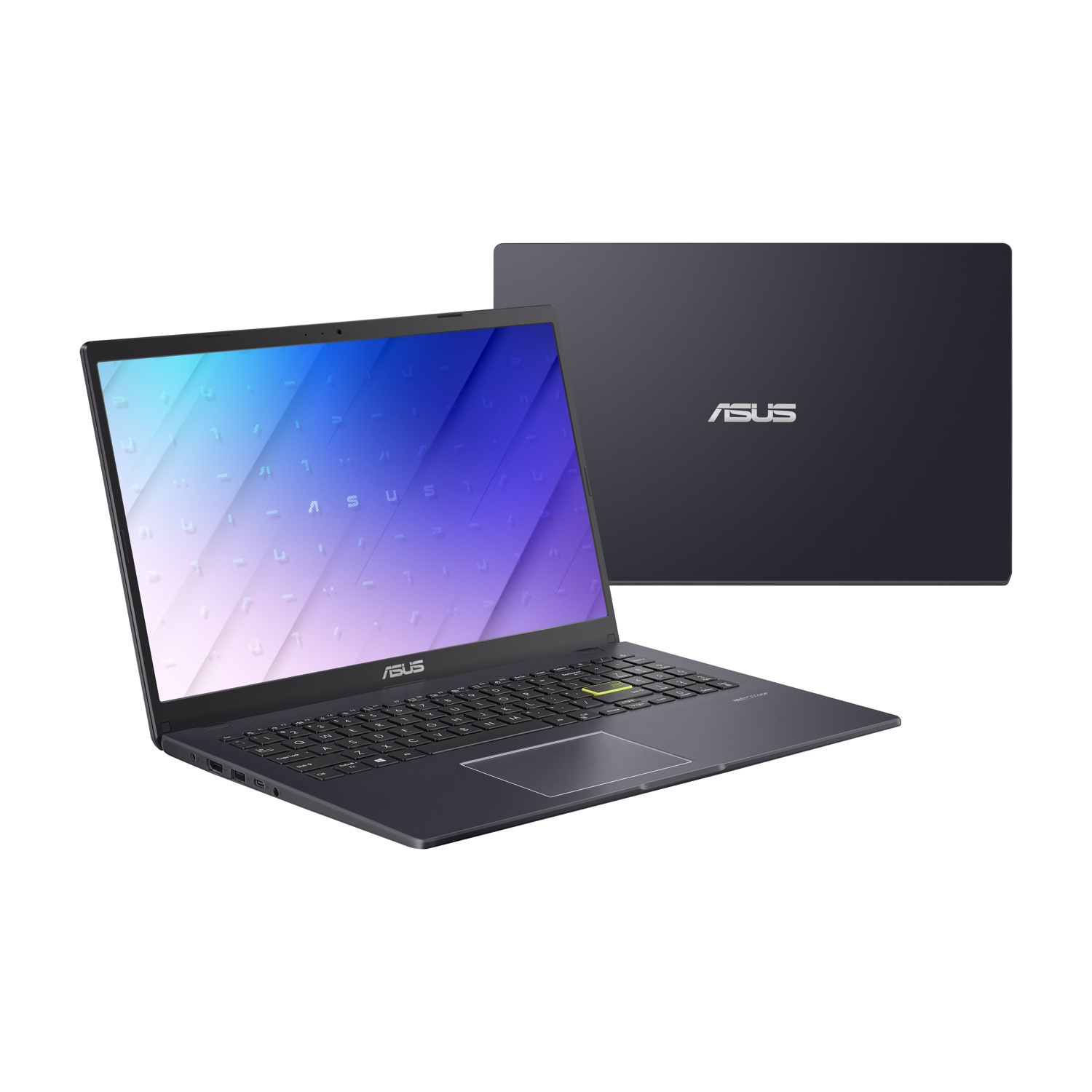 Un laptop Asus scuro, aperto con schermo illuminato e chiuso accanto.