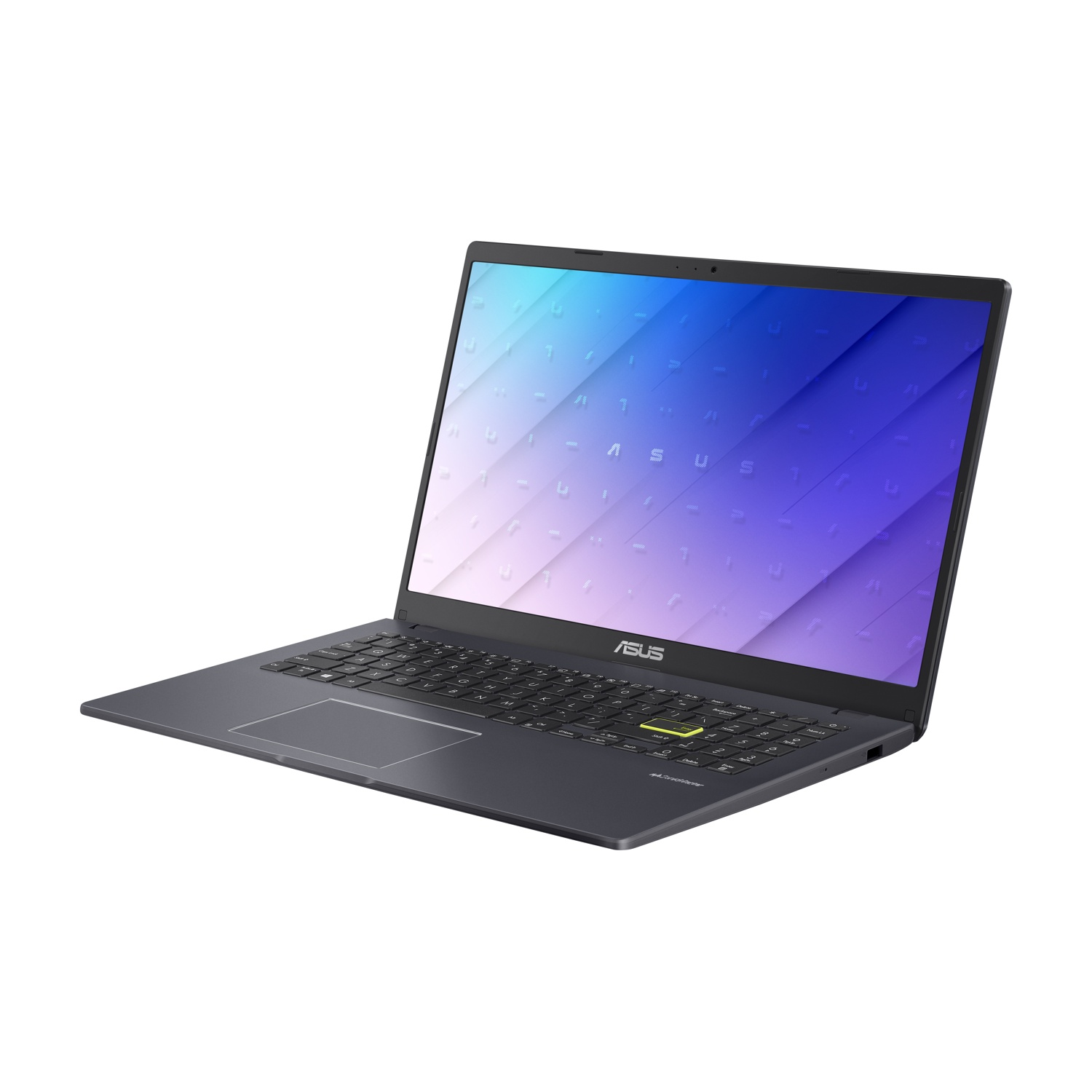 Un laptop Asus scuro con schermo e tastiera illuminati su sfondo bianco.