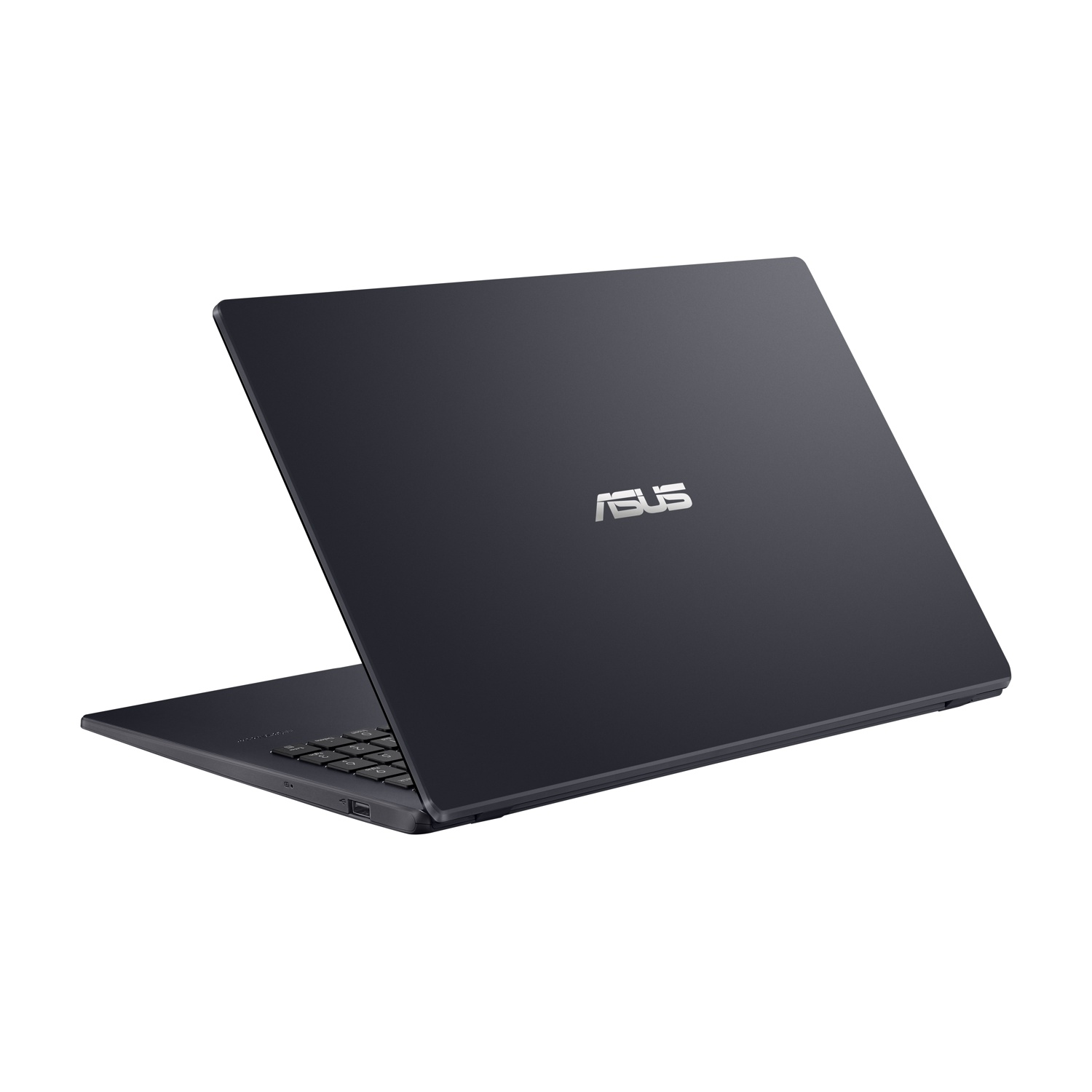 Un laptop Asus grigio scuro con schermo aperto, su sfondo bianco.