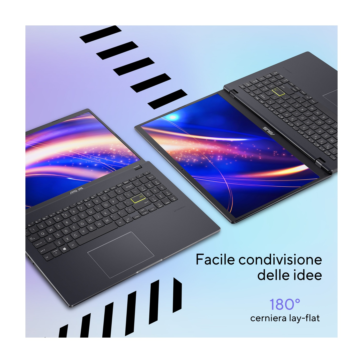 Due laptop scuri con schermi vivaci su sfondo azzurro.