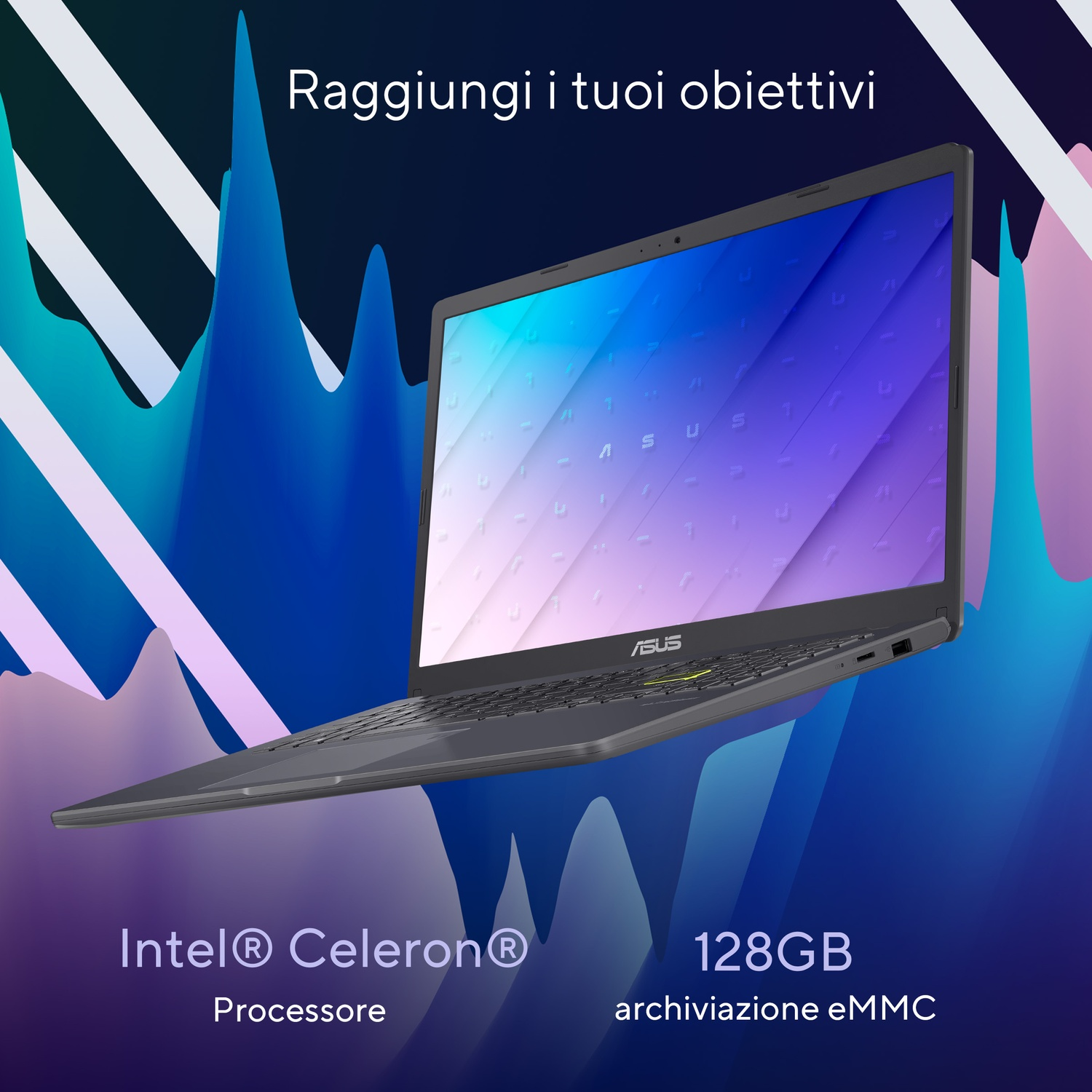 Un laptop ASUS grigio con processore Intel Celeron e 128 GB.