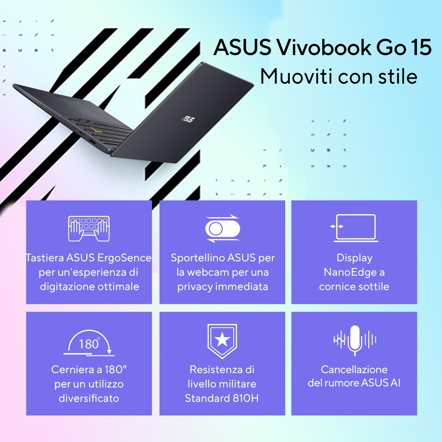 Un laptop ASUS Vivobook Go 15 scuro è aperto. Sei riquadri descrivono le funzioni.