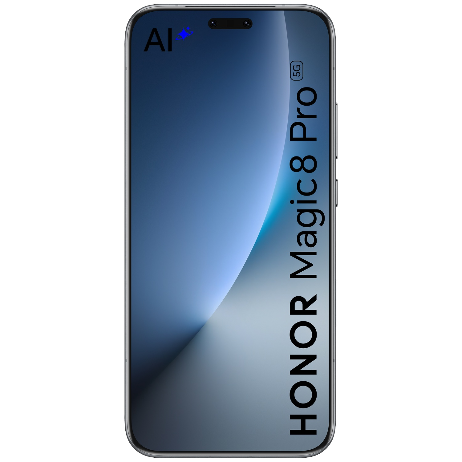 A HONOR Magic8 Pro 5G smartphone with AI logo and a blue wallpaper.