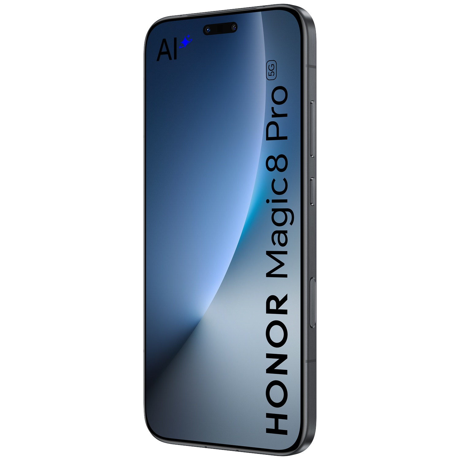 A black Honor Magic8 Pro 5G smartphone with AI logo on the screen.