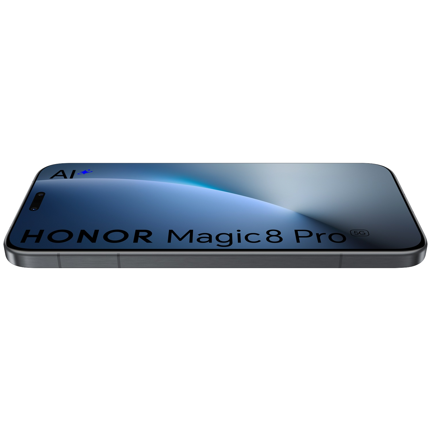 A HONOR Magic8 Pro smartphone with AI+ and 5G logo on its dark screen.