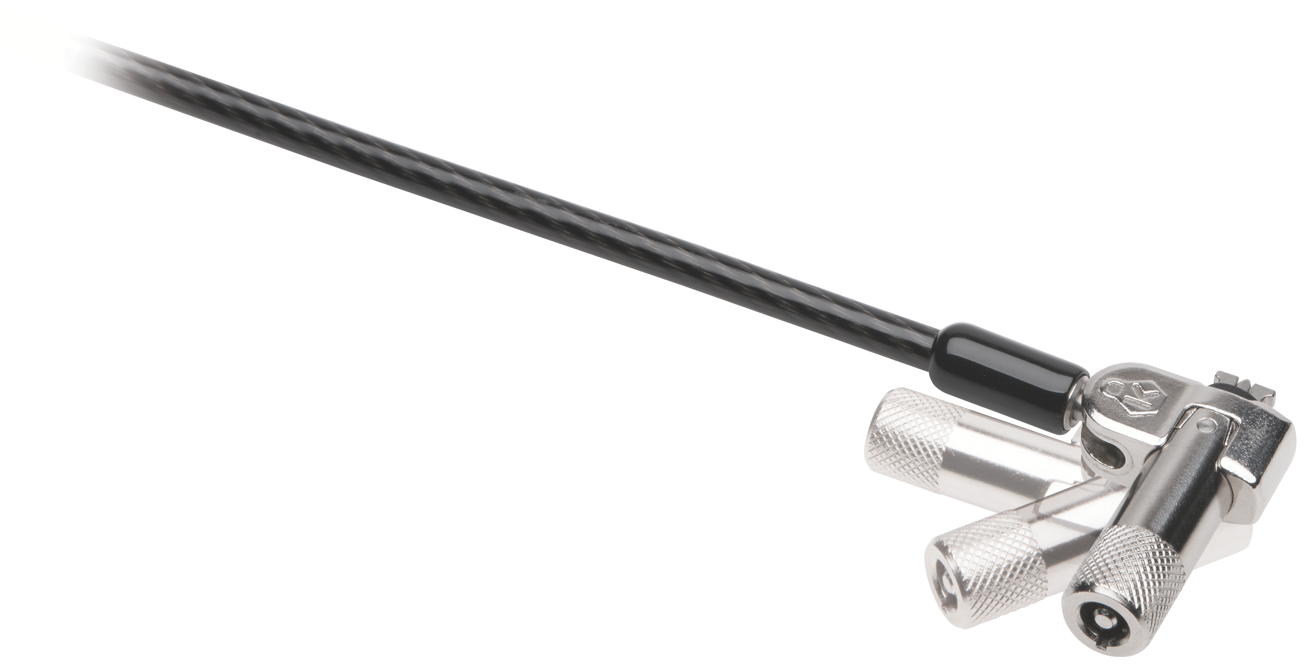 Ein schwarzes Kabel mit einem silbernen Schlosskopf auf weißem Hintergrund.