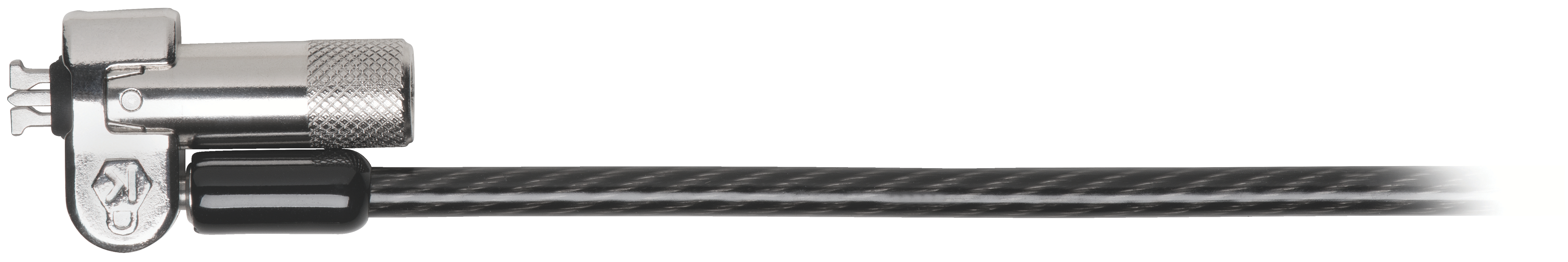 Ein silberner Kabelverschluss mit einem schwarzen Kabel, das sich nach rechts erstreckt.