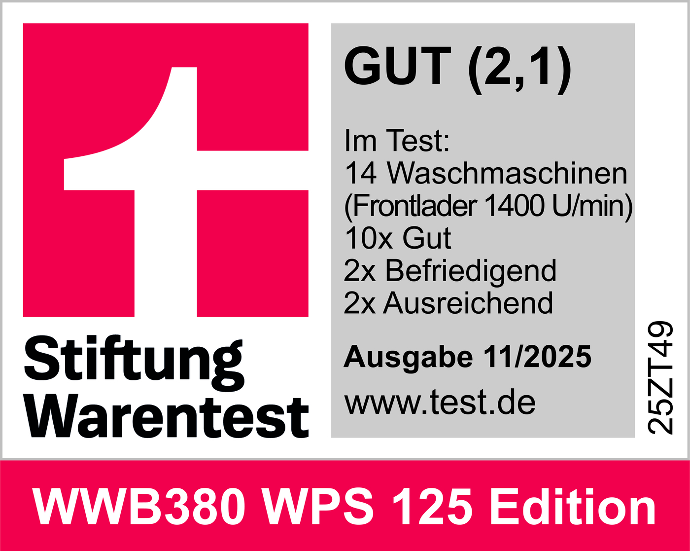 Stiftung Warentest Siegel mit GUT (2,1) Bewertung für Waschmaschinen.