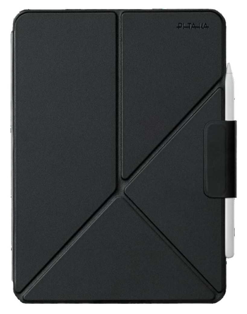 Czarny stojak na tablet ze składaną konstrukcją i uchwytem na rysik.