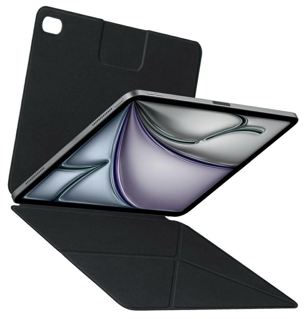 Czarny tablet z otwartym etui ochronnym, widoczny ekran.