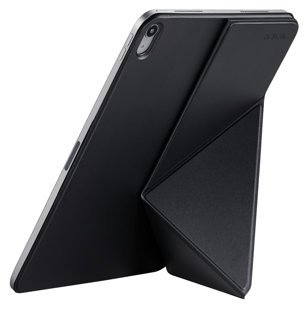 Czarny tablet w składanym etui ochronnym służącym jako podstawka.