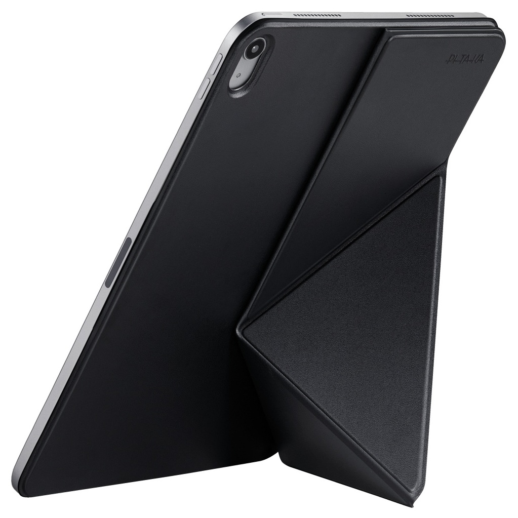 Czarny tablet ze stojakiem w stylu origami, na białym tle.