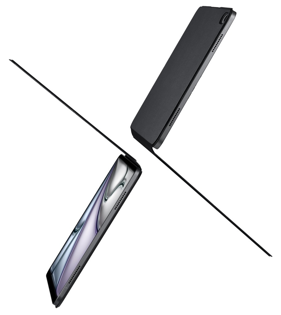 Czarny tablet z etui i podświetlonym ekranem, ułożony po przekątnej.