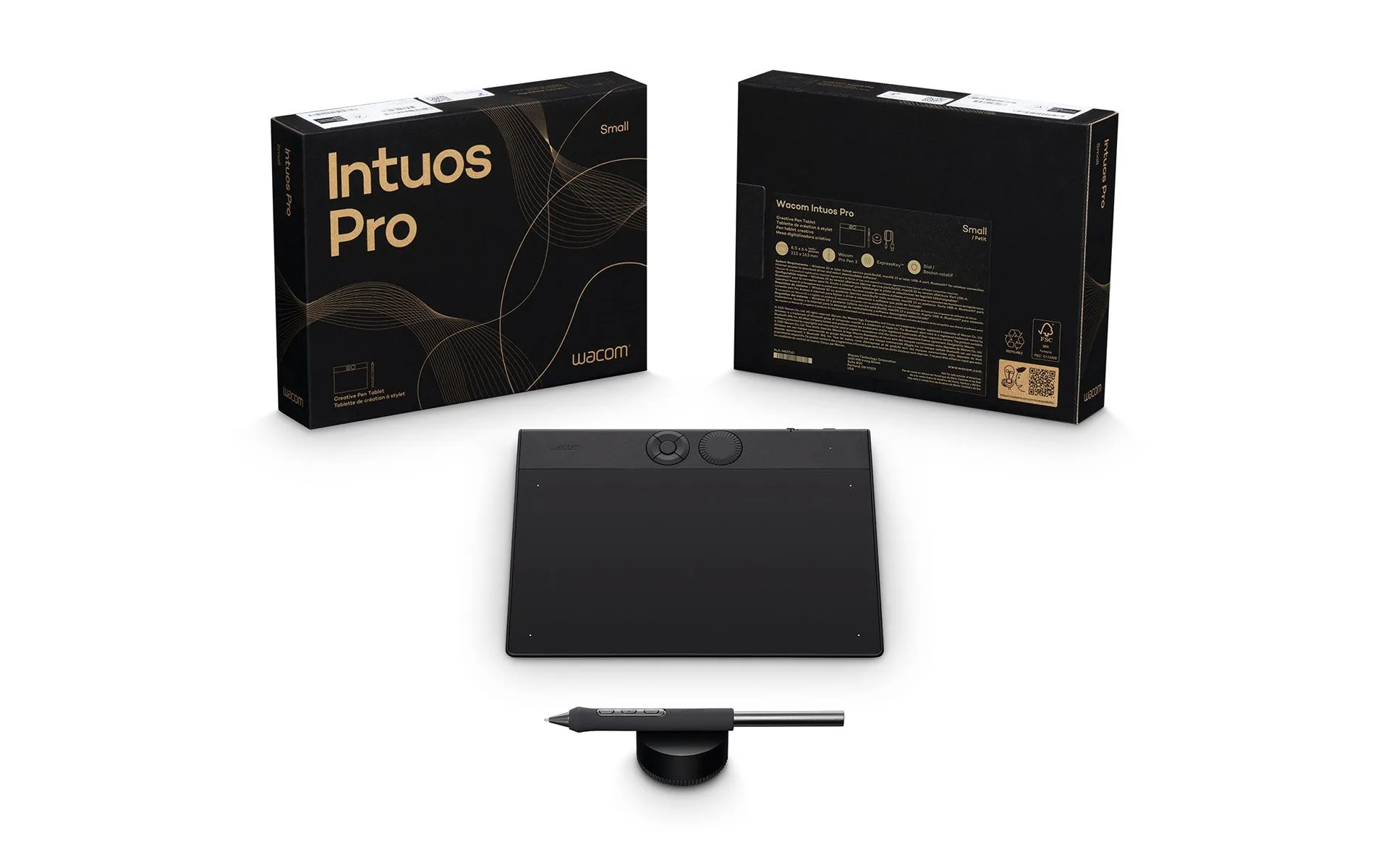 Wacom Intuos Pro rajztábla a csomagolásával, fehér háttéren.