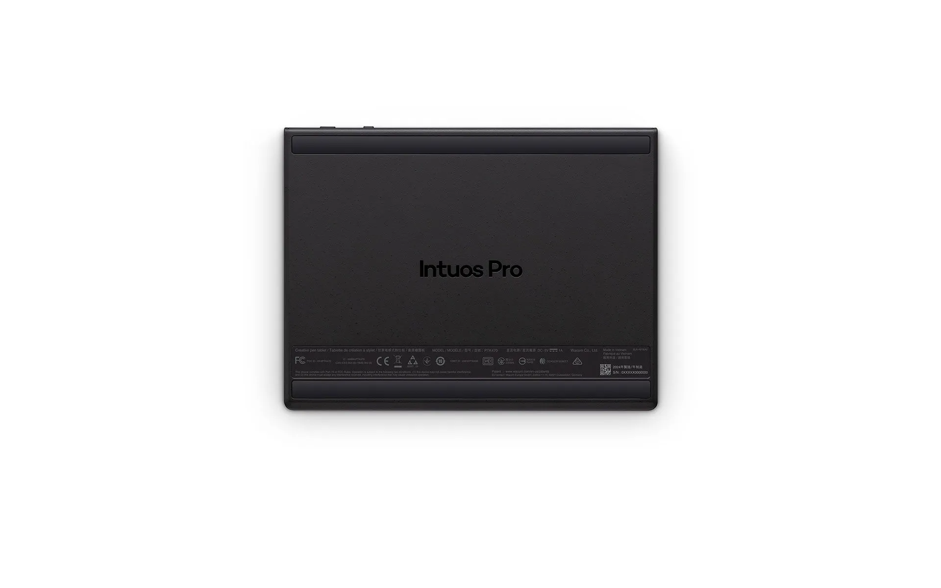 Egy fekete Wacom Intuos Pro grafikus tábla hátoldala mod thông tinnal.