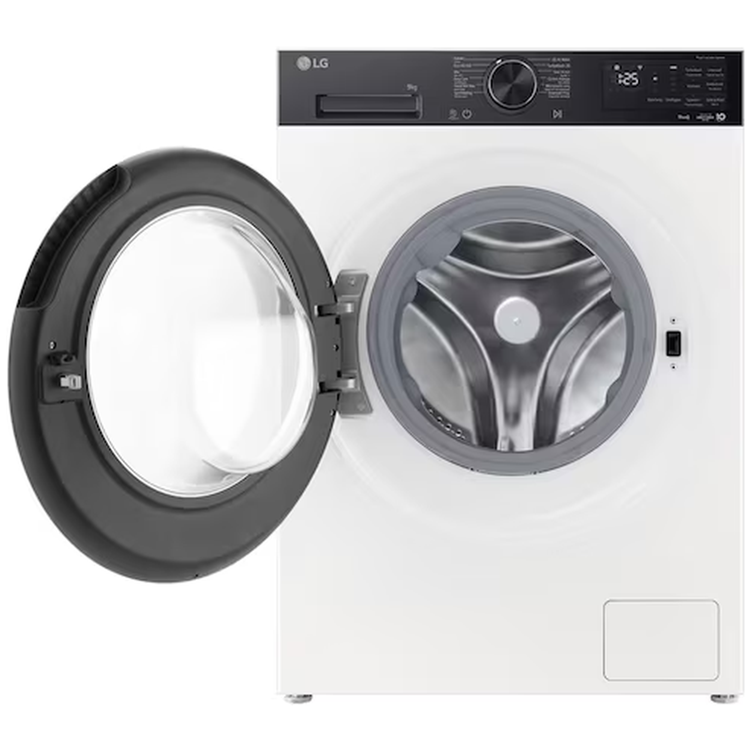 White LG washing machine with its door open and a silver drum.
