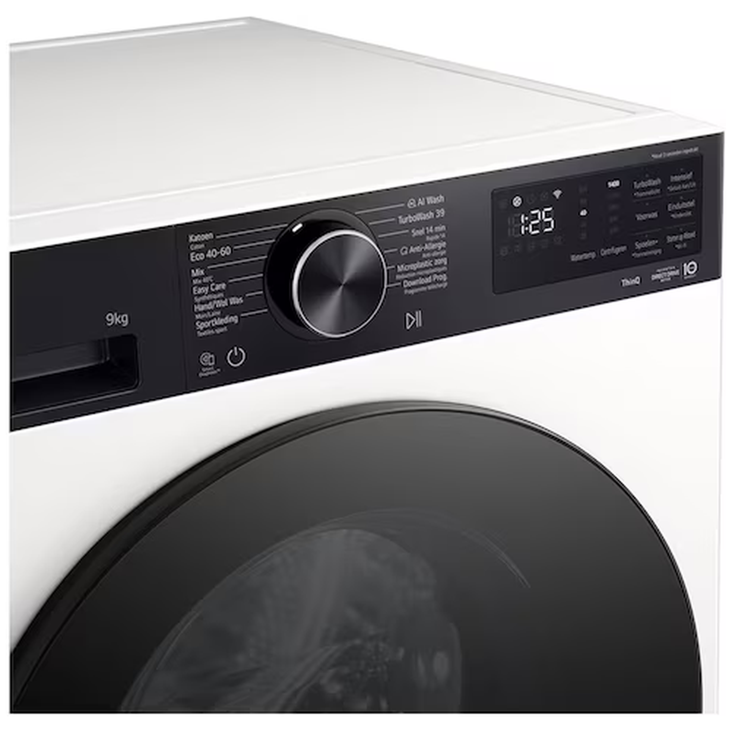 A white washing machine with a black door and control panel. Displays 1:25.