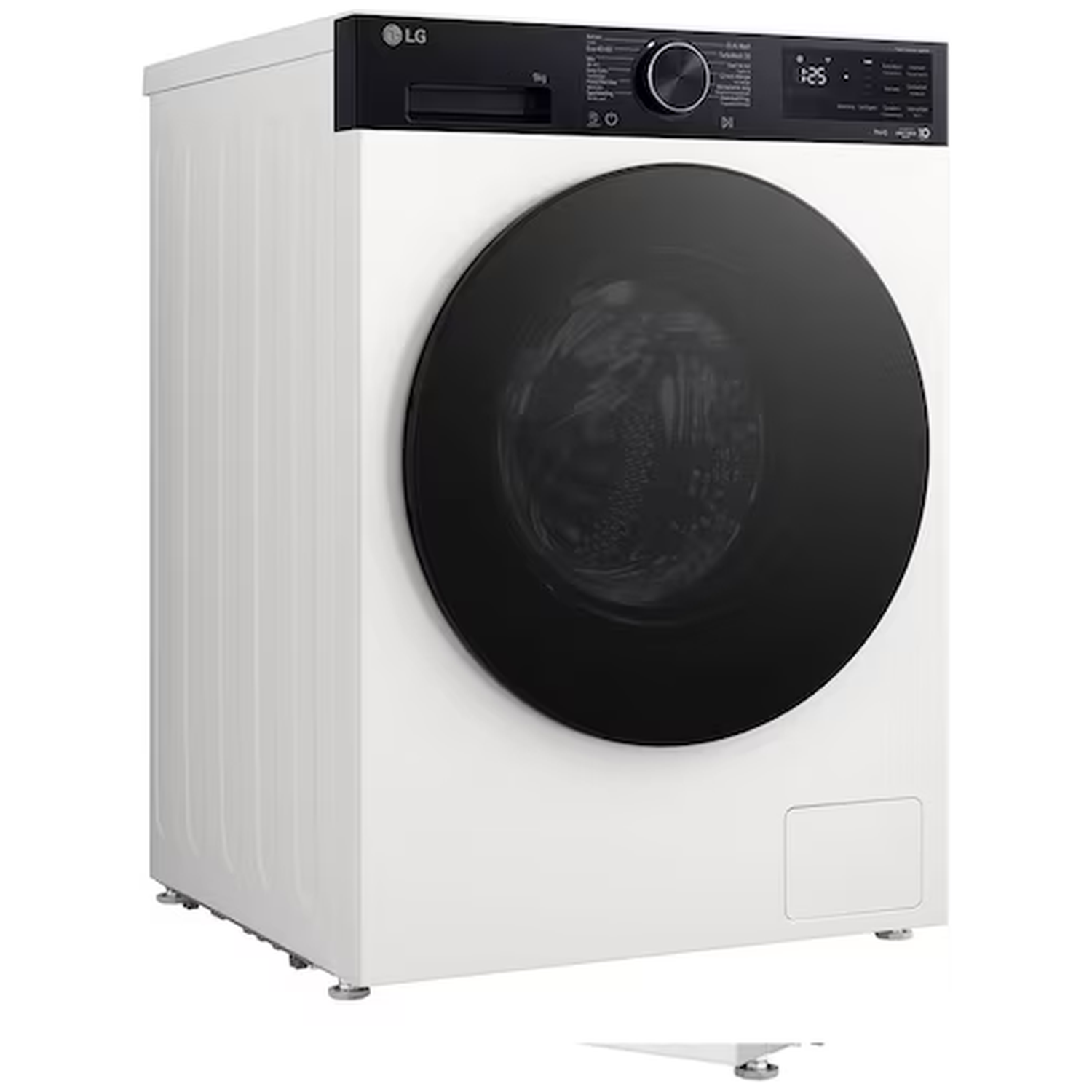 A white LG washing machine with a black door and control panel.
