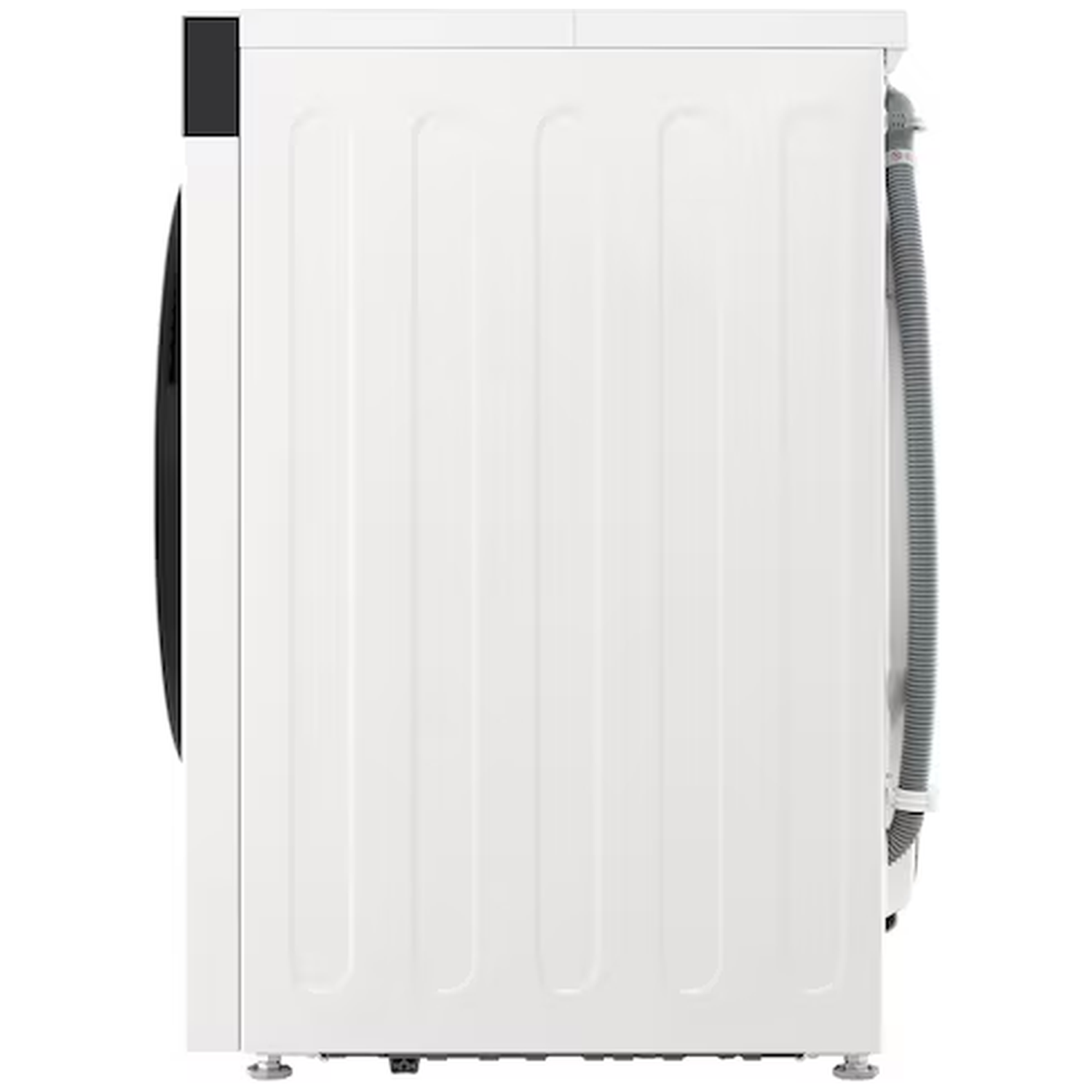 White washing machine from the side, showing hose connection.