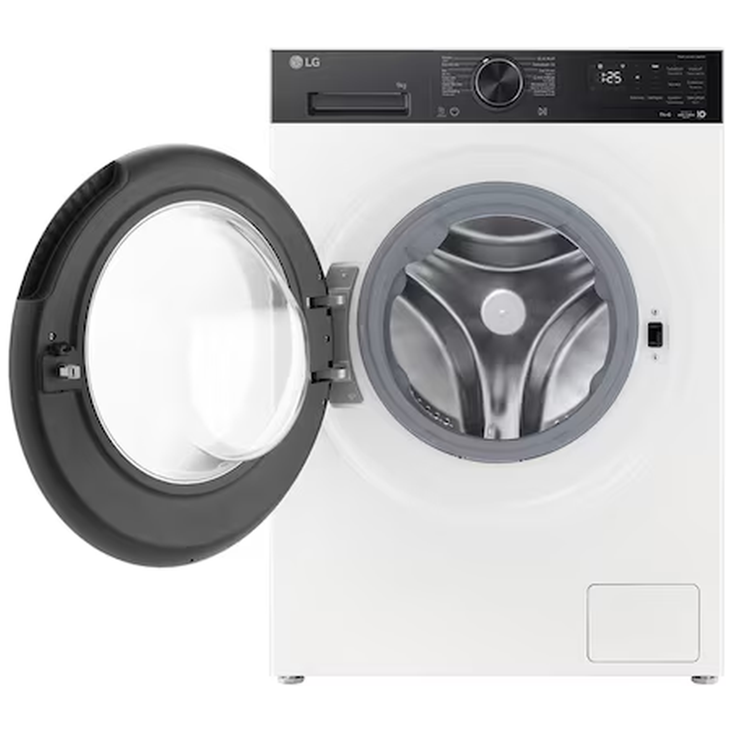 Witte LG wasmachine met open deur, zilveren trommel en zwart bedieningspaneel.