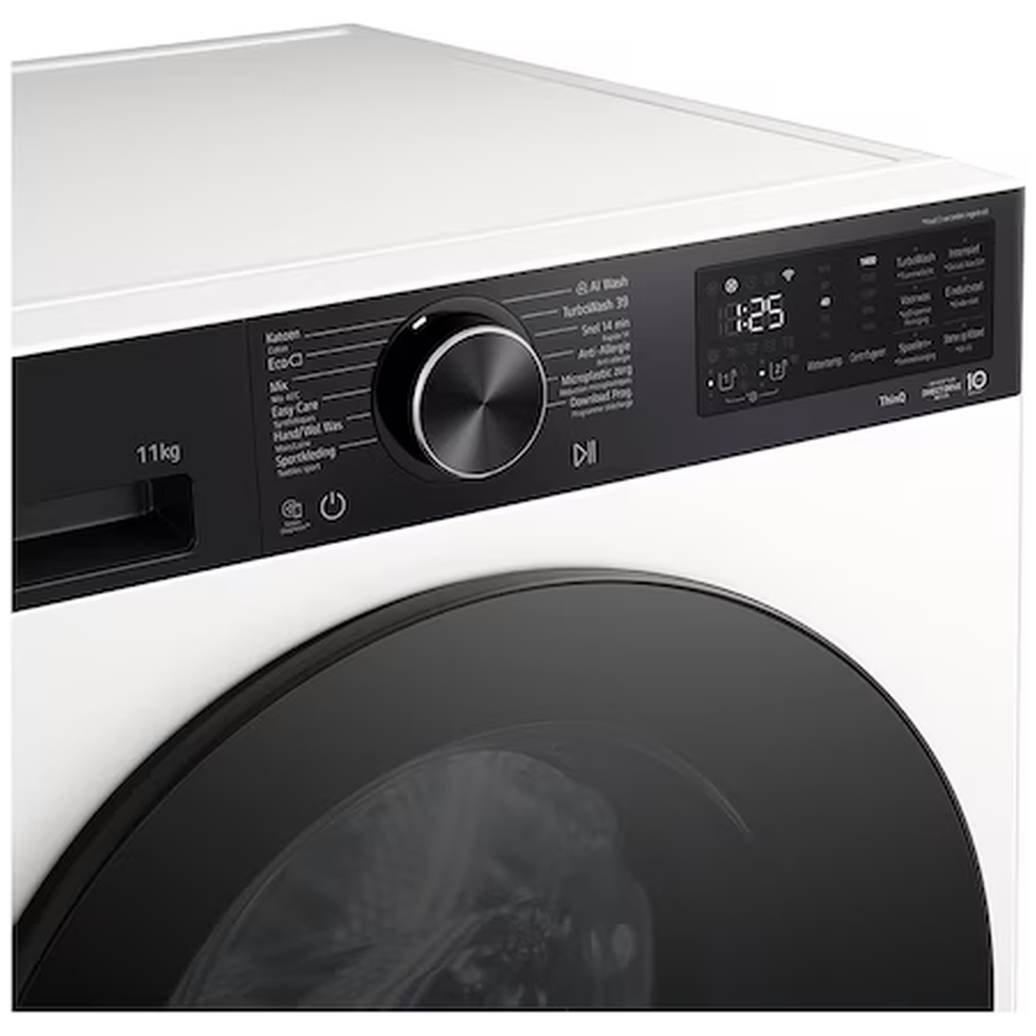 Witte wasmachine met zwart deur en bedieningspaneel, 11 kg capaciteit.