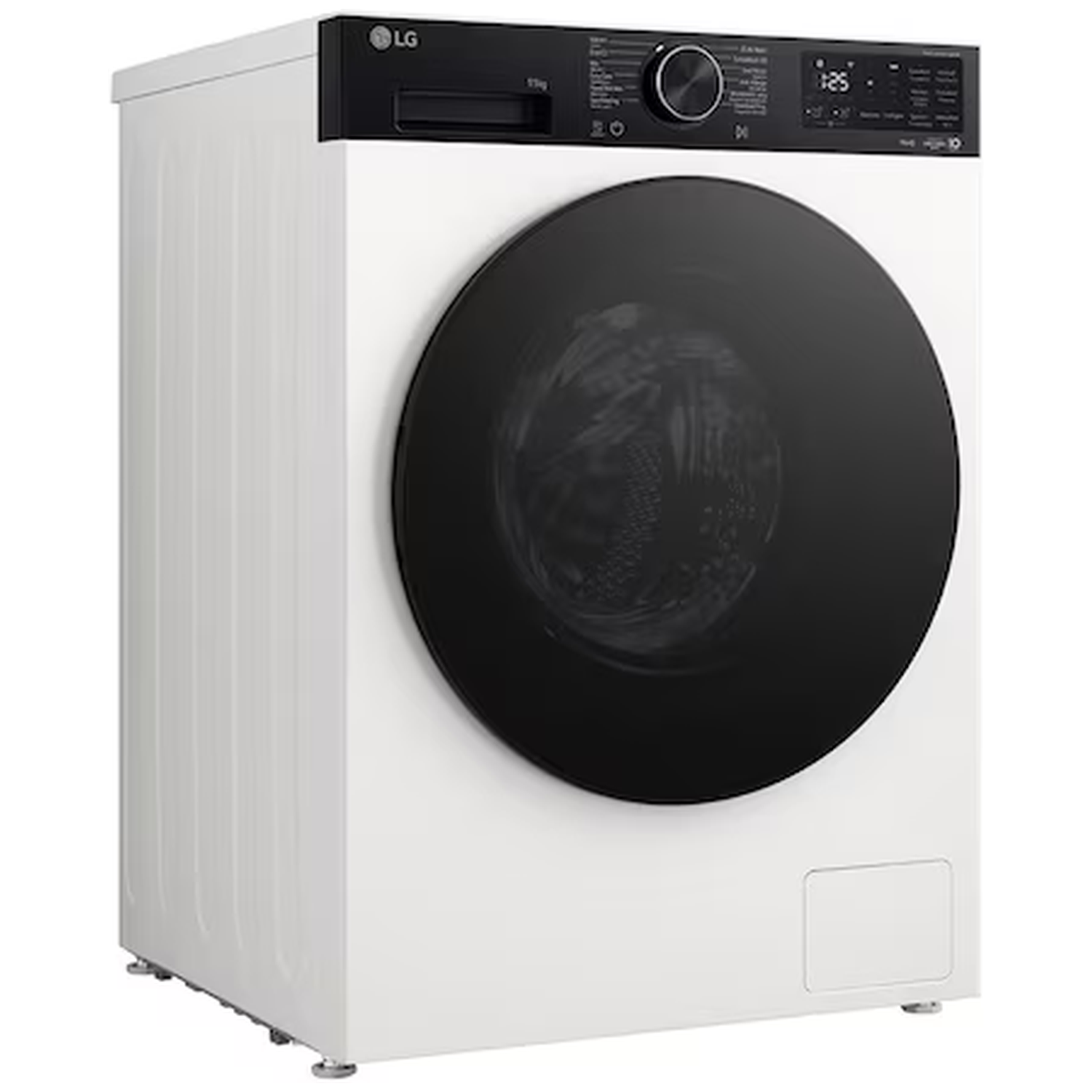 Een witte LG wasmachine met een zwarte deur en bedieningspaneel.
