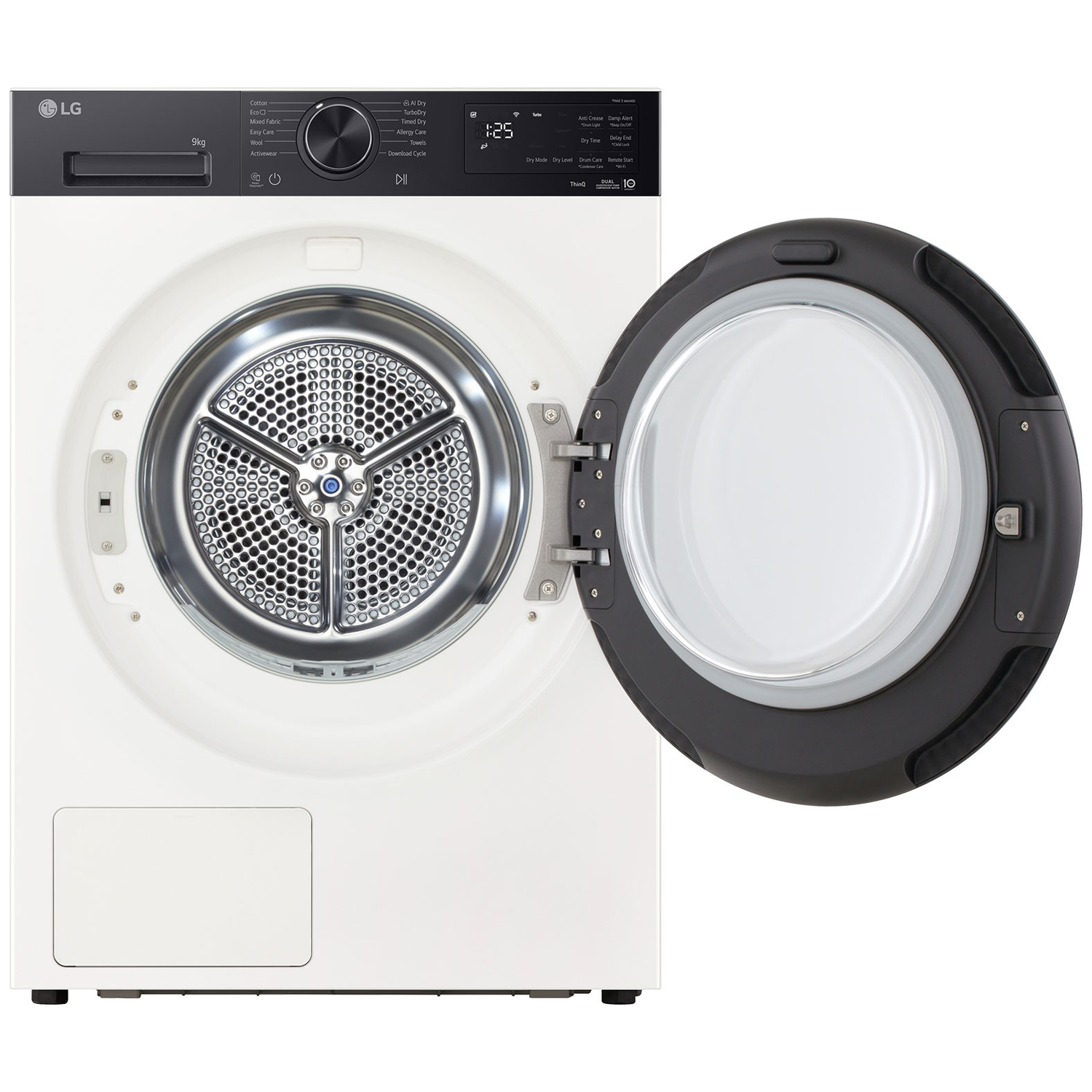White LG dryer with open door, control panel and drum visible.