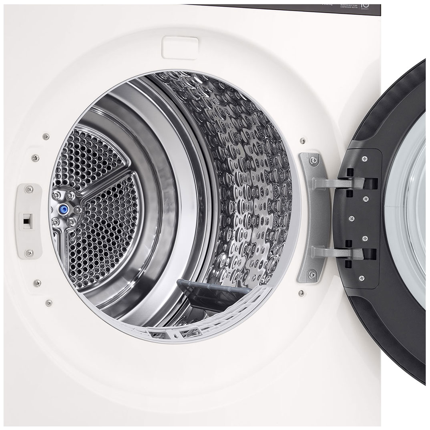 Open white dryer door showing stainless steel drum interior.