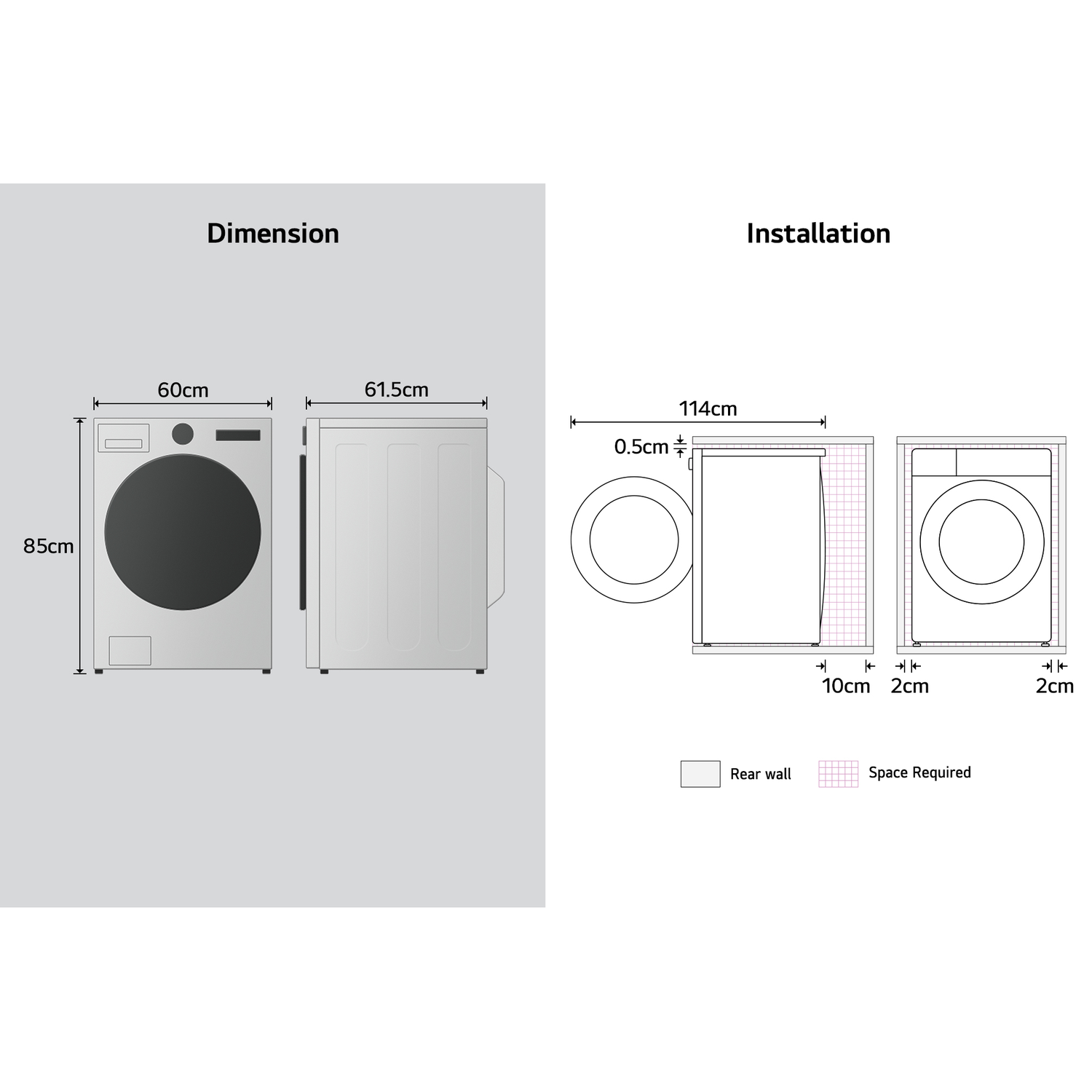 Dimensions: 85x60x61.5cm. Installation: 114cm width, 0.5cm gap, 10cm/2cm/2cm.